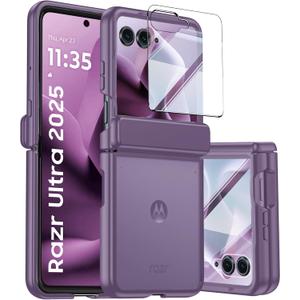 for Motorola Razr Ultra 2025 Case with Hinge Protection, Screen Protector, Ultra-Thin Skin Feel Translucent Frosted, Shockproof Cover for Razr Ultra 2025 -Purple