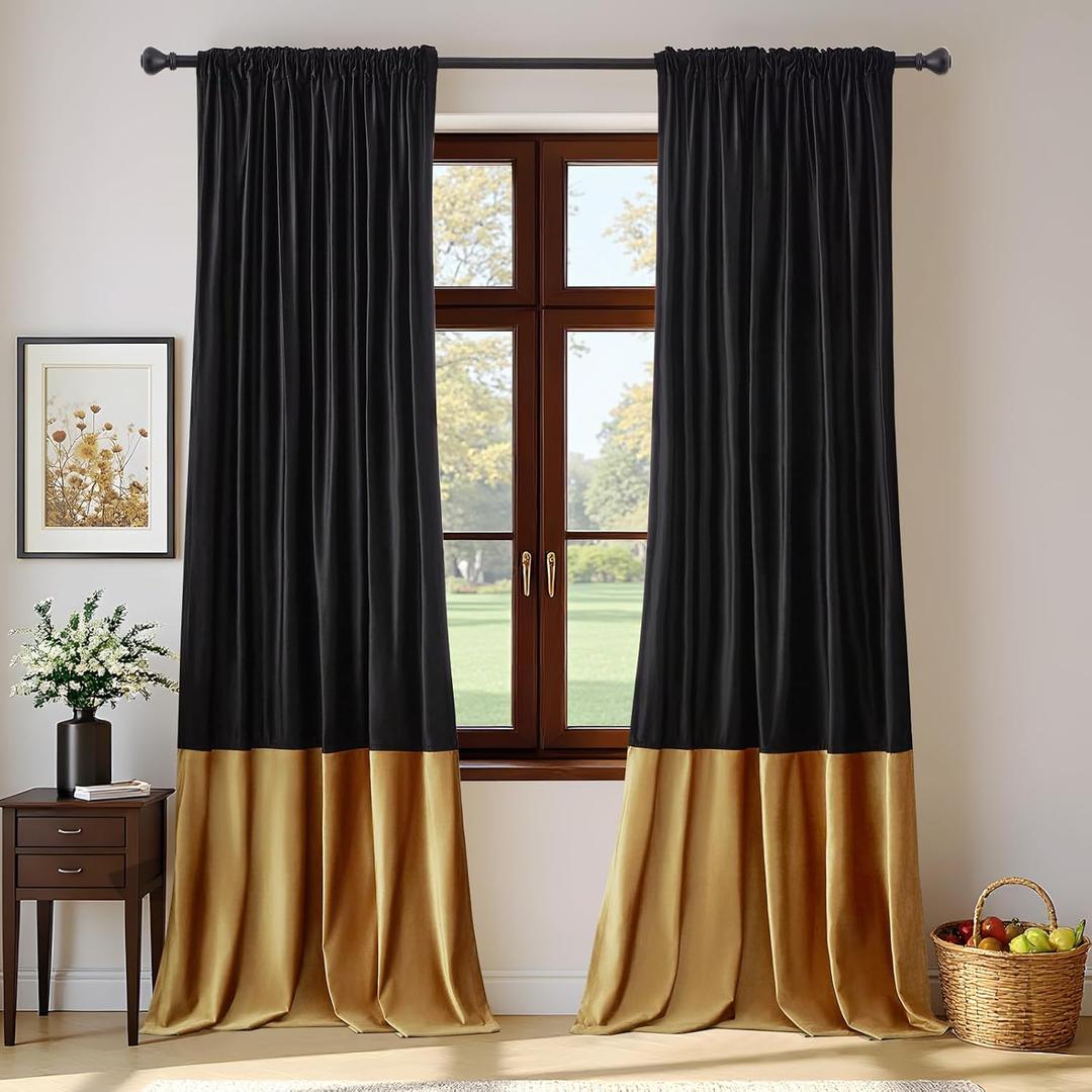 Velvet Curtains Black Gold for Living Room 120 inches Long,2 Panels Blackout Curtains Modern Color Block Back Tab Rod Pocket Soundproof Drapes for Bedroom Window Decor