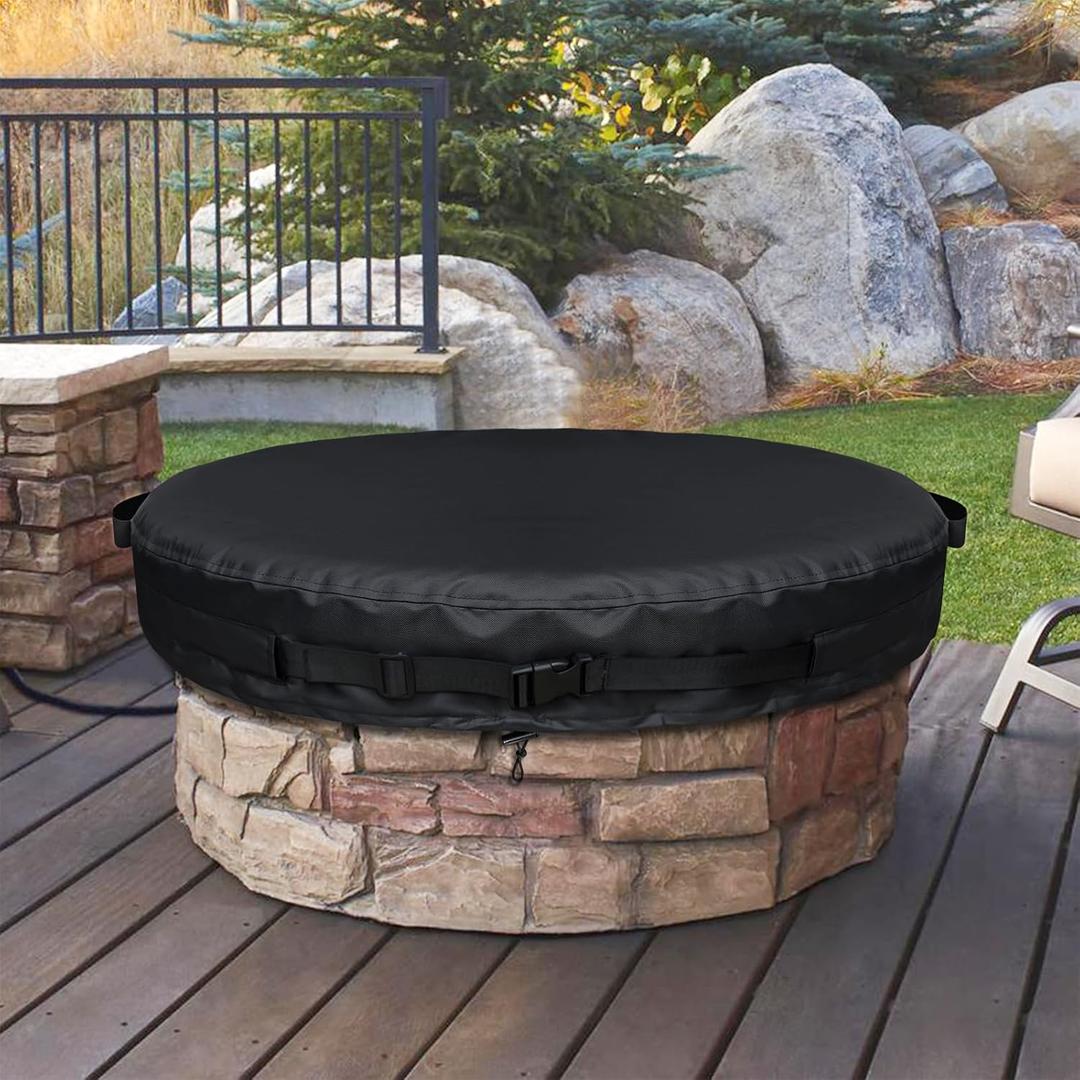 Outdoor Fire Pit Cover Round for In-Ground Fire Pits 60-64 Inch, 600D Waterproof Weather-Resistant Polyester Cover for Built-in Stone Fire Pits All-Season Protection, Black