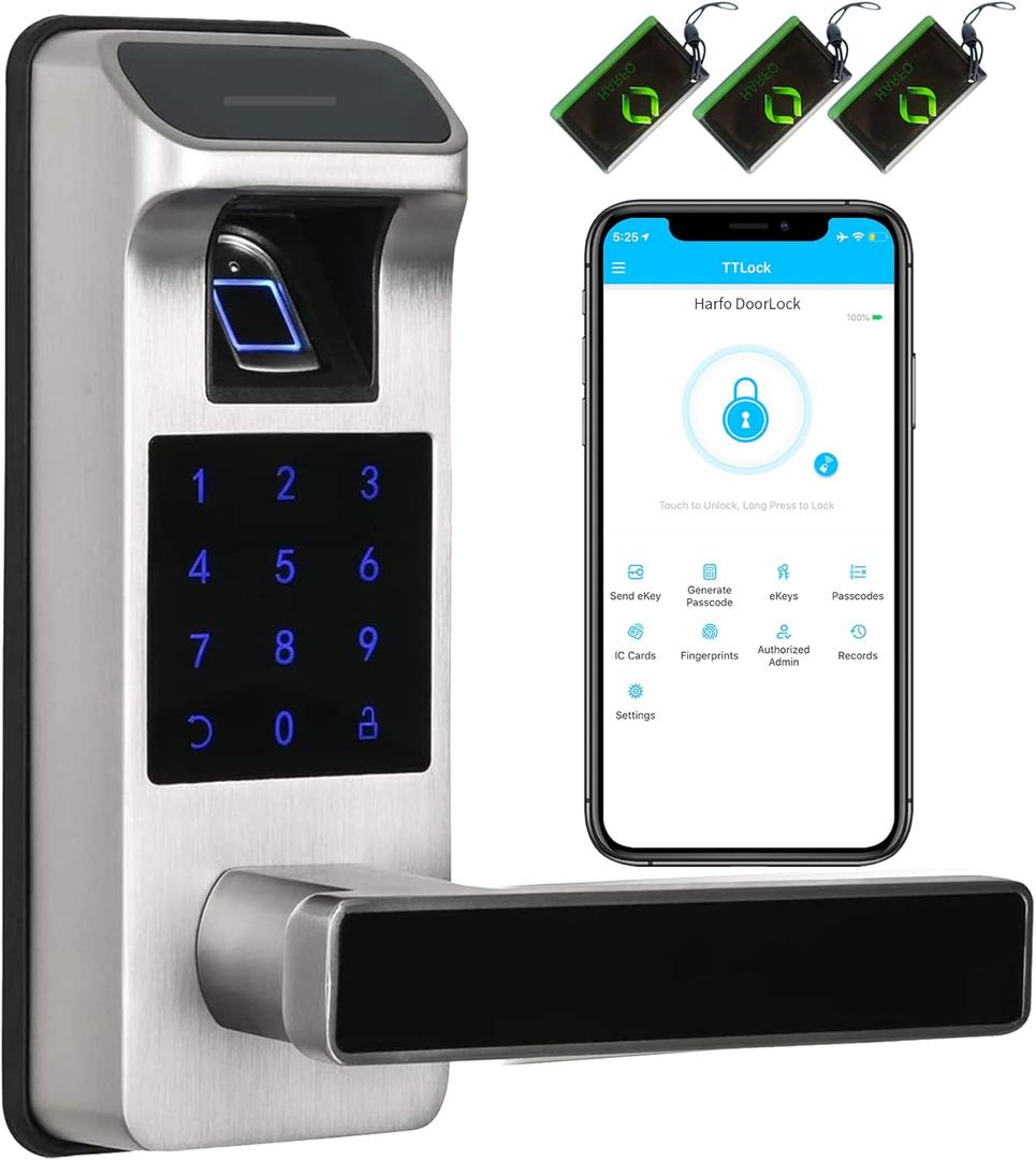 Harfo Smart Door Lock, Heavy Duty 5 in 1 Keyless Entry Door Lock, Full App Control Digital Keypad Lock, Reversible Handle with Fingerprints and Passcodes for Family/Office/Apartment (Satin Nickel)