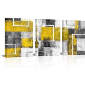 WELMECO Abstract Wall Art Geometric Line Painting Picture Bathroom Bedroom Wall Decor 12"x16"x3 Pieces (Yellow)