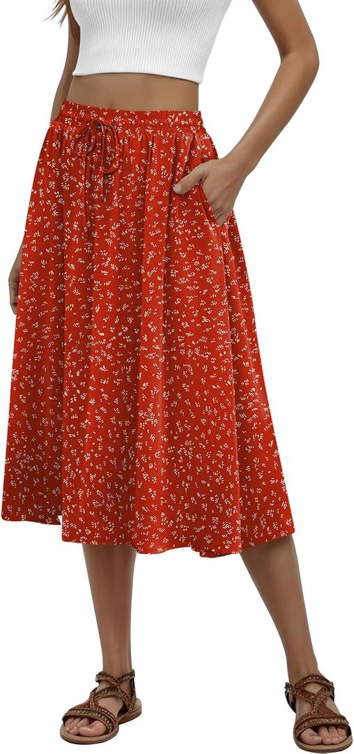 MLXSJ Women's Midi Skirt Summer Pleated Flowy Elastic High Waisted Skirts with Pockets (Red, M)