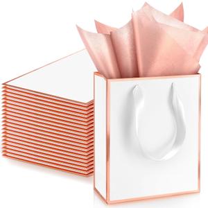 Yeaqee 24 Pack Metallic Paper Gift Bags with Handle and Tissue 9x7x3.1 Welcome Gift Thank You Bags for Wedding Father's Day Bridal Shower Groomsmen Birthday Party(White, Rose Gold)