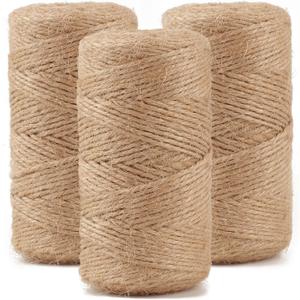 984 FT Natural Jute Twine, 3ply Thin Ribbon Hemp Twine for Gardening, Plant, Gift Wrapping, Art, Wedding Decoration, Packing, Bulk (3 Roll)