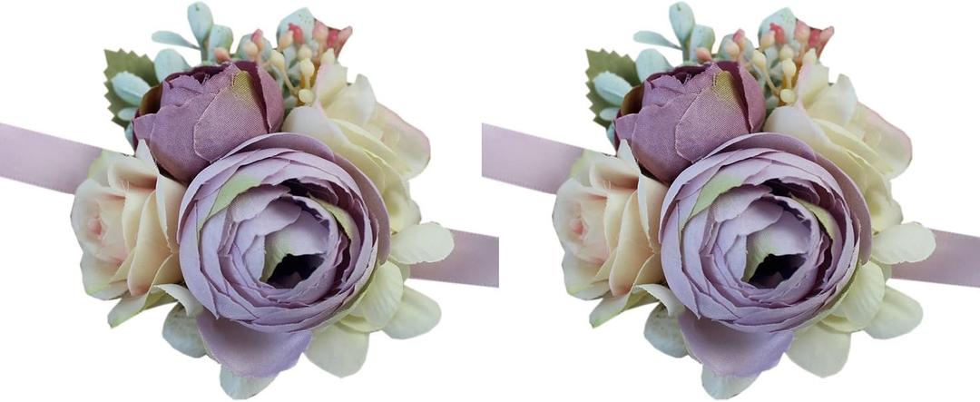 USIX 2pc Pack-Handmade Artificial Peony Flower Wrist Corsage with Satin Wristband for Girl Bridesmaid Wedding Party Prom Flower Corsage Hand Flower (Purple Wrist Corsage x2)