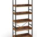 Rolanstar Bookshelf 6 Tier with 4 Hooks, Industrial Wood Bookcase, Vintage Storage Rack with Open Shelves, Rustic Standing Bookshelves Metal Frame Display Rack for Living Room, Bedroom, Rustic Brown