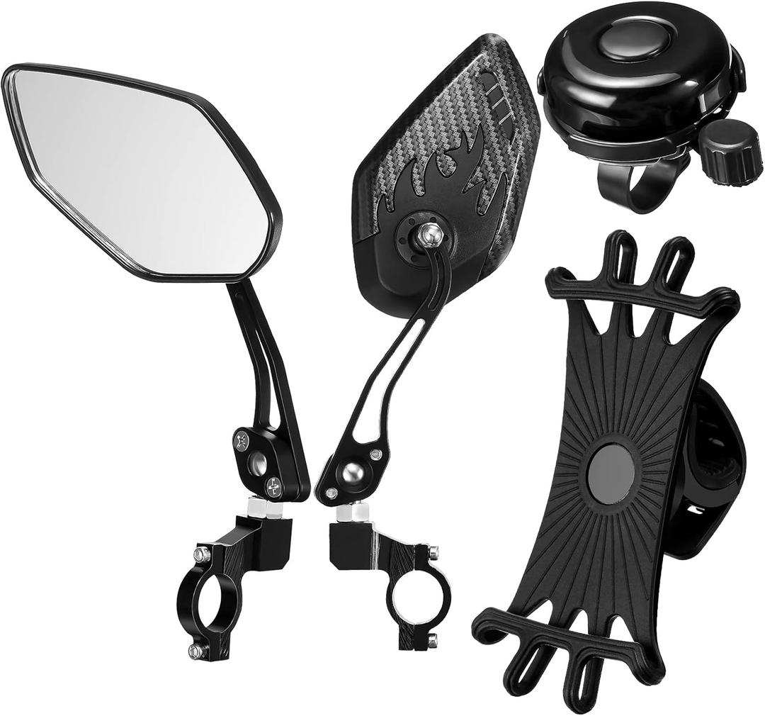 4 Pcs Bike Accessories Set Adjustable Rear View Bike Mirror, 360 Phone Holder, Loud Bicycle Bell, Handlebar Mount Cycling Kit for Mountain Road Bikes