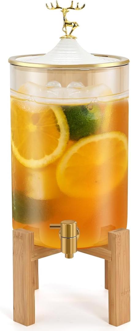 Glass Drink Dispenser with Stand, 2.11 Gallon Glass Beverage Dispenser with Spigot, Punch Dispenser for Parties, Party Drink Dispenser for Lemonade, Juice, Punch, Water, Outdoor, Daily Use