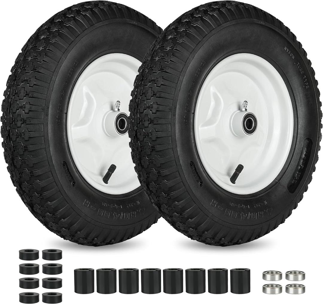LotFancy 4.80/4.00-8 Tire and Wheel, 2 Pack 16 Pneumatic Wheelbarrow Tires, 5/8 Bearings, 3-7 Centered Hub, Replacement Tube for Wheelbarrows, Garden, Utility Carts, Trolleys, Wagon