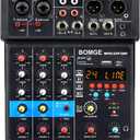 BOMGE 4 Channel mini DJ Audio Sound Mixer Interface with MP3 USB, Bluetooth, Stereo Recording, 48V Phantom Power, 24 DSP for karaoke, performance, church singing  podcas streaming