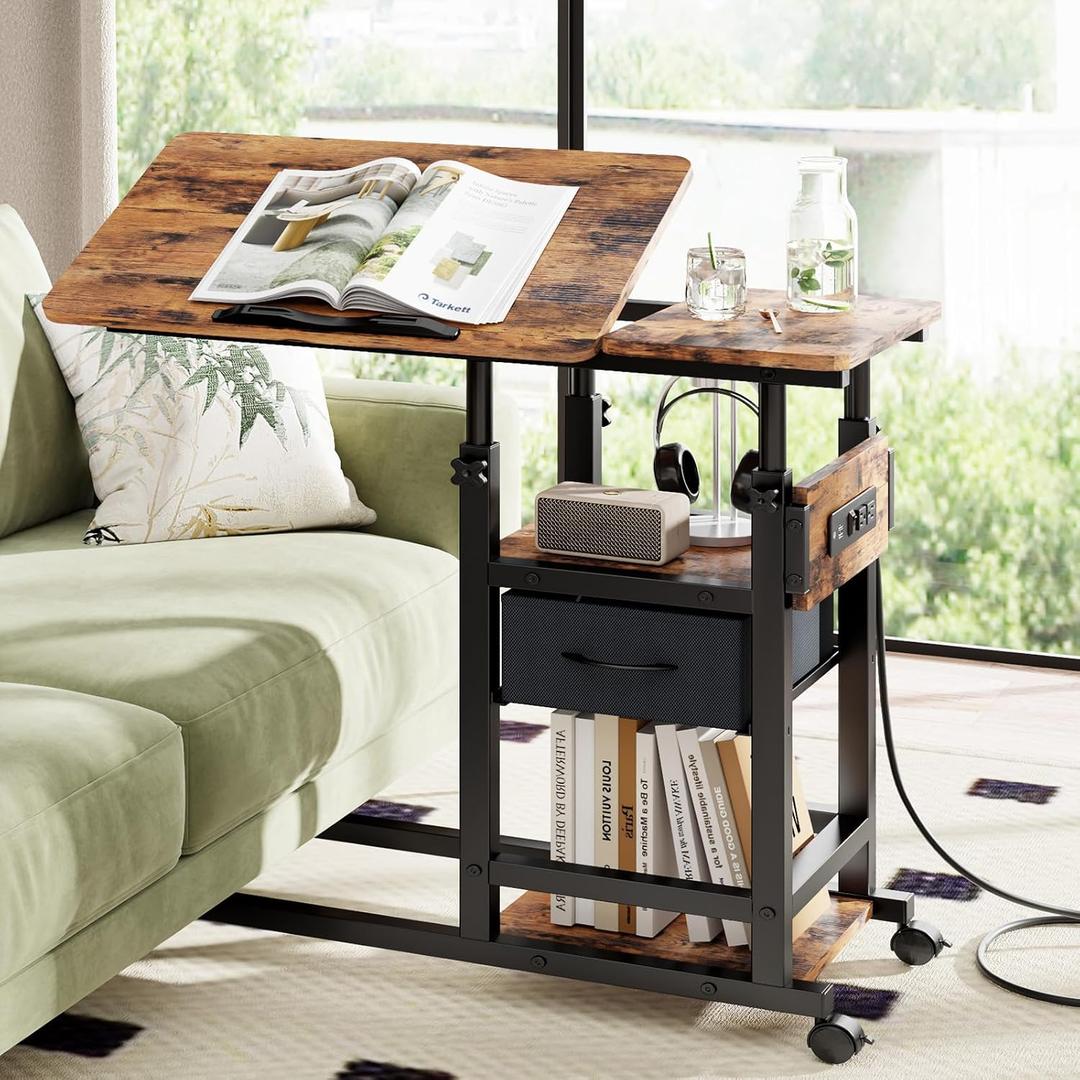 Height Adjustable Overbed Table with Wheel and Charging Station, Tiltable Desk C Shaped End Table for Couch, 2-Tier Overbed Bedside Desk with Storage Shelve for Living Room Bedroom, 31.5 inches x 15.75 inches x 36.22 inches