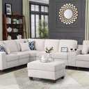 127" L-Shaped Sectional Couch with Movable Ottoman & 6 Throw Pillows,7 Seat Chenille Upholstered Sofa W/2 Cup Holder, USB Port & Hidden Storage Box, DIY Combination, for Living Room, Apartment, Beige