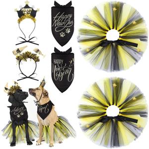 Suhine 6 Pcs Pet Happy New Year Costume Dog Accessories Include Puppy Dogs Tutu Dress Dog New Years Bandana Headband Outfit for Cat Pet Costume Supplies