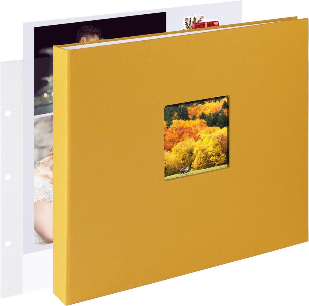 12x12 Inch Large 3 Ring DIY Scrapbook Photo Album Journal with 30 Plastic Sleeves 60 Pages and Fabric Cover for Baby Travel Wedding Anniversary kids Adventure (Indian Yellow Cover/White Pages)