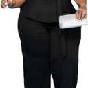 ThusFar Plus Size 2 Piece Outfits for Women Blazer Top Long Sleeve Long Pants Sets Casual Elegant Business Suit with Belt (XX-Large, Black-short Sleeve)