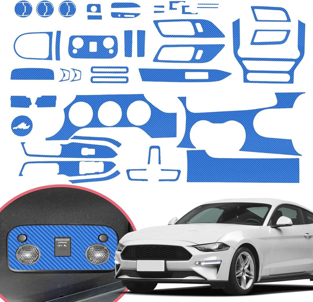 YAMUDA Compatible with 48PCS Decorative Interior Protection Carbon Fiber Sticker for Ford Mustang 2015 2016 2017 2018 2019 2020 2021 (Blue)