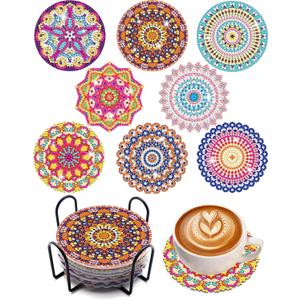 Benvo 8 Pcs Diamond Painting Coasters Kit Mandala Cup Coasters DIY Diamond Art Kits with Diamond Painting Pens, Holders, Cork Base for Beginners Adults and Kids Art Craft Supplies Gift (Mandala A)
