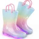 EUXTERPA Girls Glitter Light Up Waterproof Rain Boots Toddler Kids Rainbow Boots with Easy On Handles, Pink Gradient, Toddler Size 10