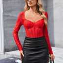 Avidlove Women Long Sleeve Bodysuit Sparkle Body Suits Top Mesh One Piece Leotard Shirt Going Out Tops Fall Outfits S-XXL (Red, L)