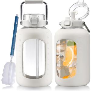 WINSA Large Glass Water Bottles with Stainless Steel Handle,100 oz Gallon Drinking Bottle with 2-in-1 Straw Lid,3 Liter Glass Water Jug with Silicone Sleeve,Wide Mouth,White