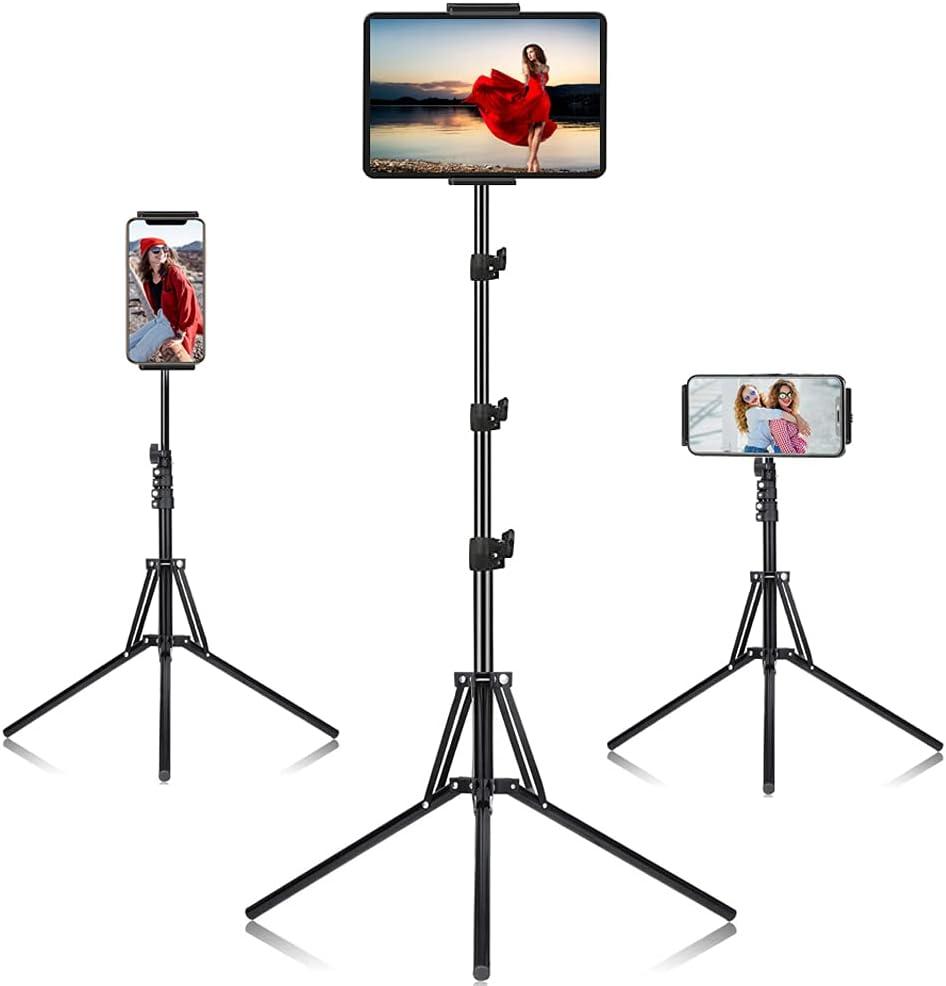 Ipad Tripod Stand, with 65 inch Height Adjustable iPad Stand Holder & iPad Floor Stand with 360 Rotating iPad Tripod Mount for iPad Pro, iPhone, Kindle, and All 4.5-12.9 Inch Tablets