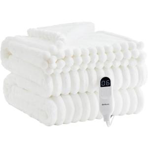 Bedsure Electric Blanket Twin - Thick Striped Flannel Electric Blanket, Heating with 10 Time Settings, 6 Heat Settings, and 8-Hour Timer Auto Shut Off, Gift for Grandma (62x84 inches, White)