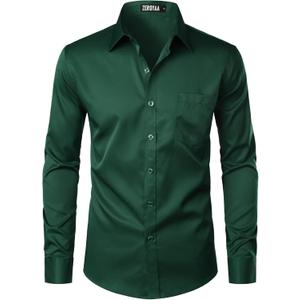 ZEROYAA Men's Urban Stylish Casual Business Slim Fit Long Sleeve Button Up Dress Shirt with Pocket (XX-Large, Dark Green)