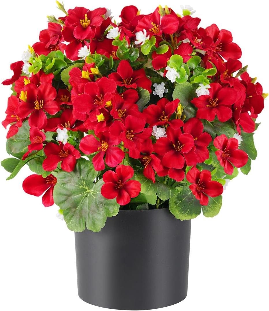 14'' Fake Plants Artificial Geraniums Flowers in Pot for Home Garden Indoor Outdoor Christmas Spring Summer Decorations (Red)