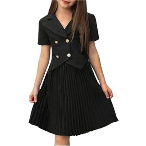 Verdusa Tween Girl's Clothing Set 2 Piece Outfits Button Down Collared Tops with Pleated Skirt Set (Black, 11Y)