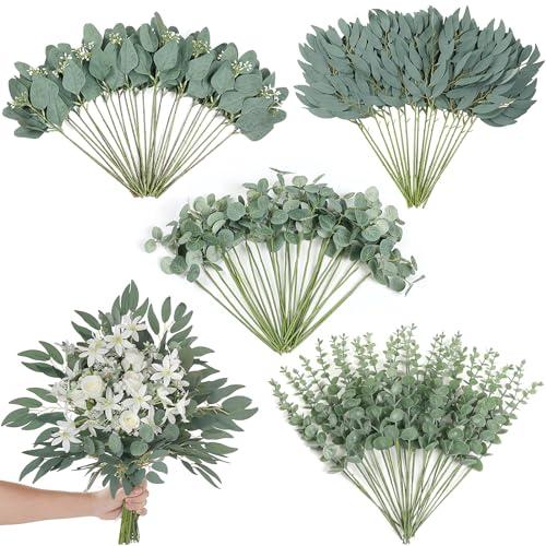120 Pcs 4 Kinds Mixed Artificial Eucalyptus Leaves Stems Bulk Fake Silver Dollar Eucalyptus Bundle Faux Plants Greenery for DIY Bouquets Floral Arrangement Wedding Engagement Party Decor (Green)