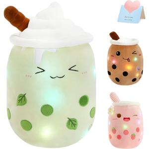 Athoinsu Light Up Matcha Boba Tea Plush Pillow 10'' Kawaii Stuffed Bubble Stuffed Animal Toy with LED Lights Birthday Christmas Holiday Valentines Gifts for Kids, Girls, Boys (Small, Green)