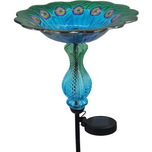Blue Peacock Ground Stake Solar Bird Feeder for Outside,Bird Pond Outdoor Glass BirdBath with Metal Stake Garden Yard Outdoor, Garden Decoration Yard 32 inches