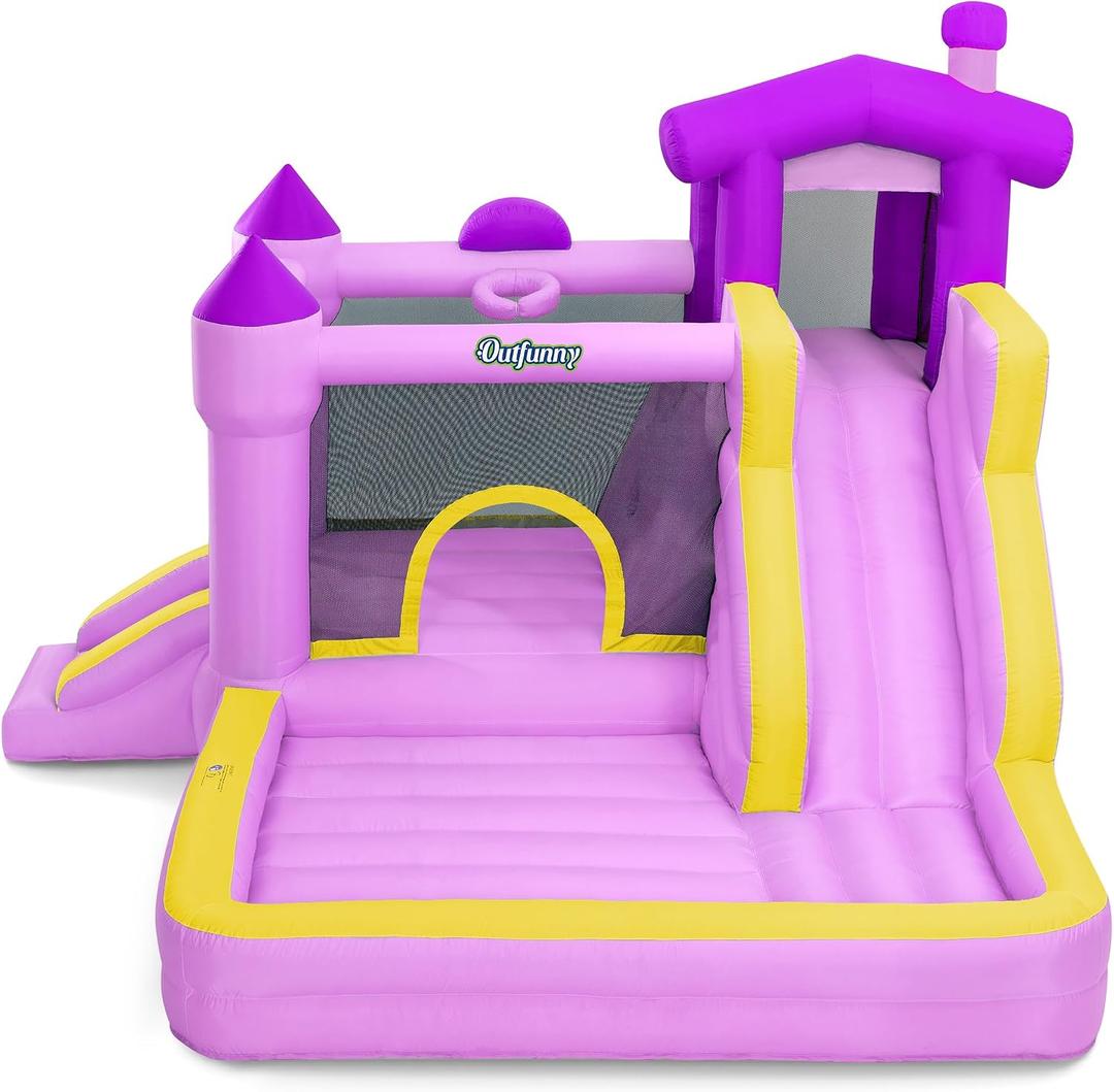 Outfunny Inflatable Bounce House, Kids Bouncy House for Girls 3-12 with Slide, Outdoor & Indoor, 450W Blower - Purple, Large