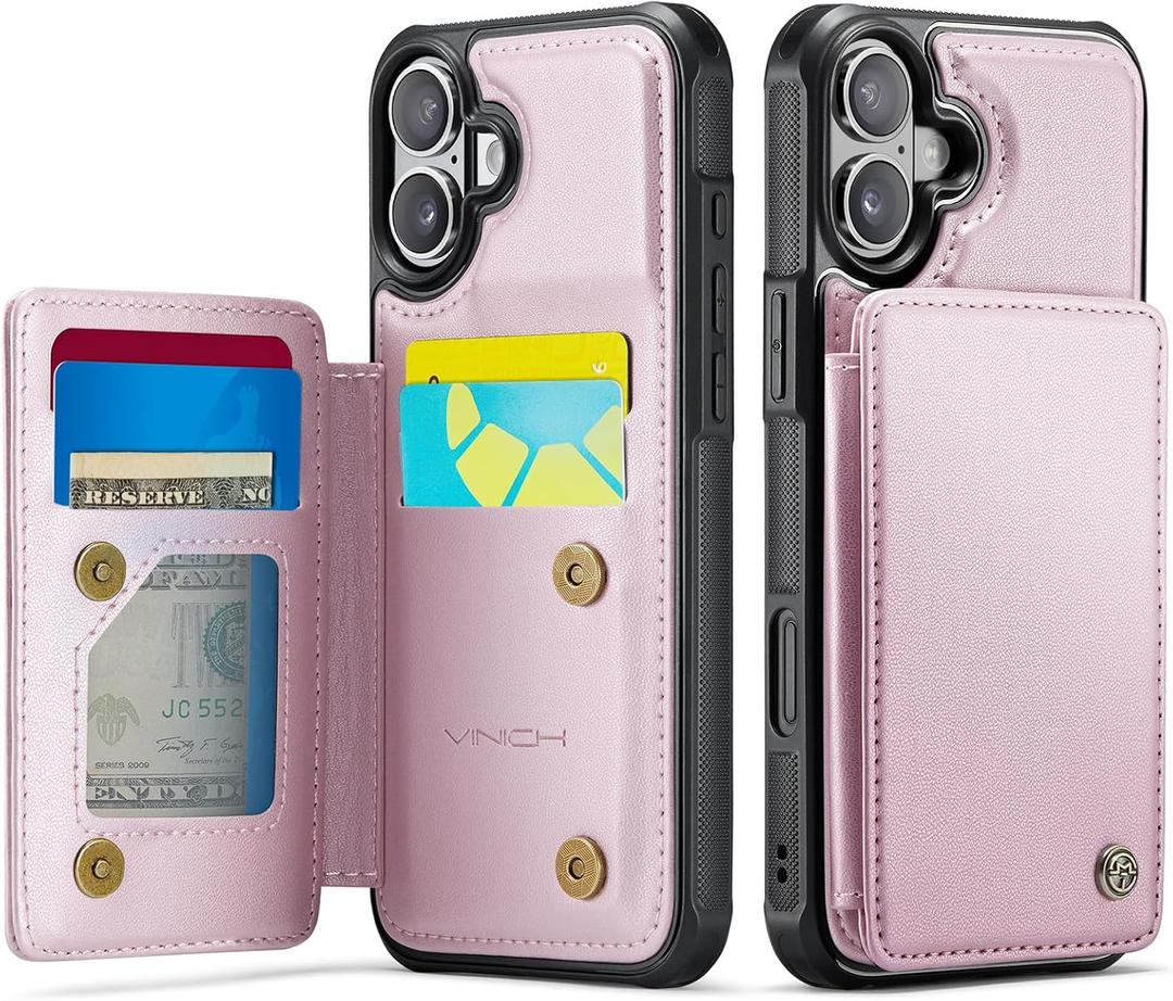 Vinich for iPhone 16 Plus Wallet Case with Card Holder, RFID Blocking Credit Slots Kickstand Shockproof Phone Cover Fit for iPhone 16 Plus 6.7" Rose Gold