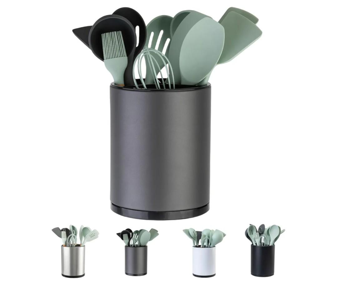 LIBODOUR Kitchen Utensil Holder,Extra Large 360°Rotating For CountertopStainless Steel Organizer,Hold 40 Utensils,Cooking Silverware Caddy 3 Compartment Spoon Spatula Tool Container（Grey）