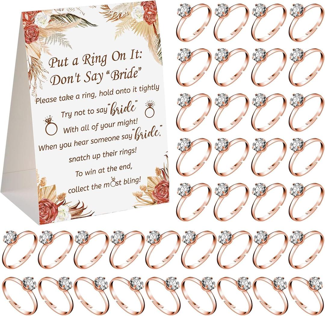 Woanger Put a Ring on It Bridal Shower Game with 50 Fake Rings, Rustic Greenery Theme Wedding Shower Games Wedding and Engagement Rings and Not Say Bride Rules Cards(Plant,Rose Gold)