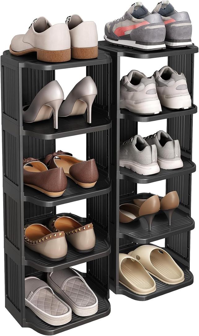 Kitstorack 10 Tiers Stackable Shoe Rack for Closet and Front Door Entrance - Free Standing Plastic Stand, Narrow Tall Vertical Organizer for Small Spaces Storage (Black)
