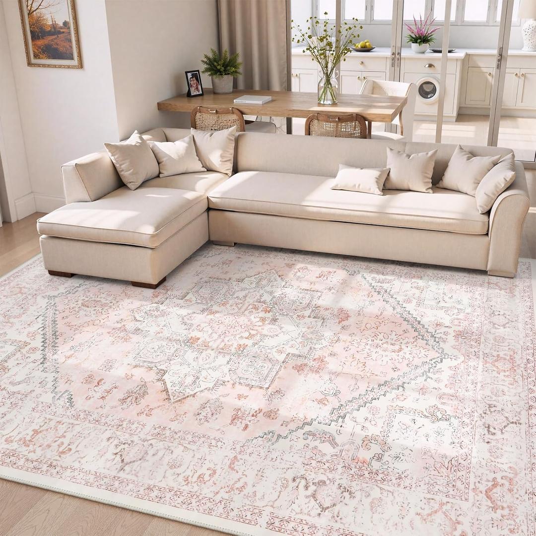 LIVEBOX Pink Area Rug 8x10 - Large Oriental Floral Living Room Rugs Accent Rug for Bedroom, Non-Slip Retro Medallion Carpet Print Distressed Rugs for Dining Room Office (Pink/Peach) (8 x 10 ft, Medallion Pink)