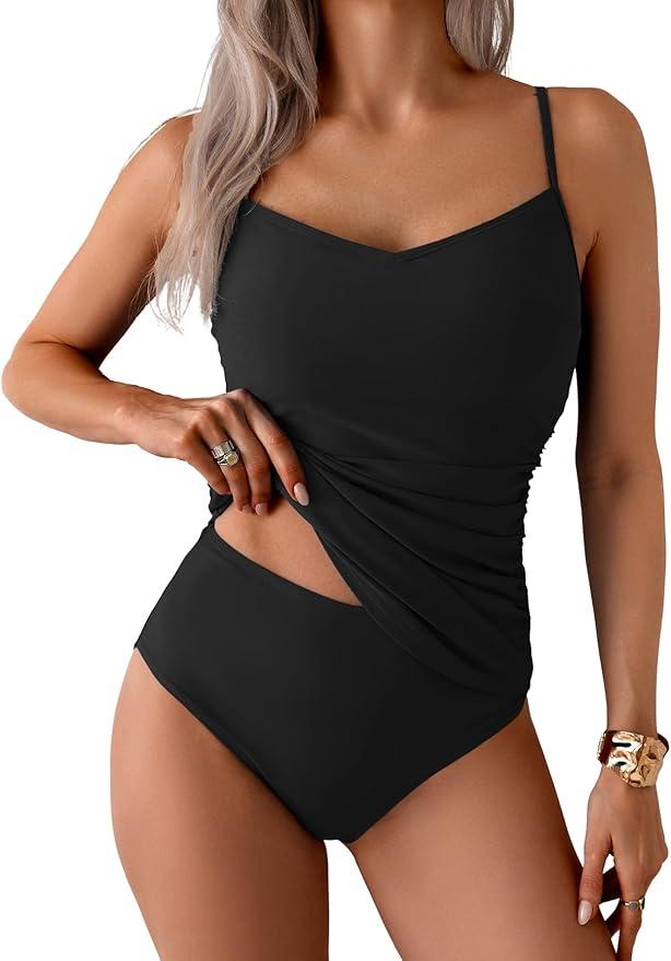Eomenie Tankini Swimsuits for Women Two Piece Tummy Control Bathing Suit Slimming Modest Swimwear with High Waisted Bottom
, Black, Size XS