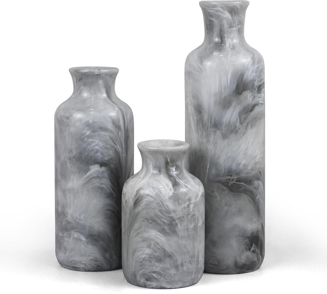 YMXYJM Resin 3 Piece Vase Set, Farmhouse Decor, Home Decorative Vase, Vases for Your Kitchen, Bedroom, Office, Living Room, Bathroom, & Shelf Centerpiece Table Decorations, Grey (Gray)