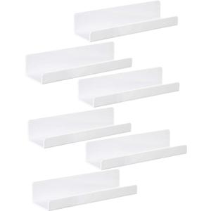 IEEK 6 PCS White Acrylic Floating Shelves Display Ledge,Wall Mounted Nursery Kids Bookshelf,15 Inch Bathroom Wall Shelf and Storage Rack,5mm Thick U Shelf
