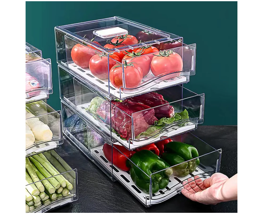 Diskary Fridge Organizer, Stackable Refrigerator Organizer Bins, Reusable Food Storage Containers, Fridge Drawer Organizer in Home Kitchen, Barbecue Shop, Restaurant, BPA-Free (2 Drawers, Large)