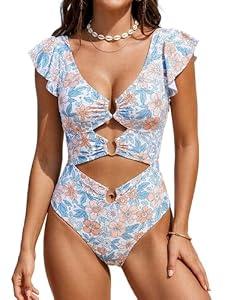 B2prity Women One Piece Swimsuit Tummy Control Ruffle Sleeve V Neck Bathing Suit Cutout Sexy High Waisted Monokini Orange Floral, XL