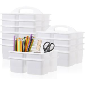 Threehoney 12 Pack Classroom Caddy Storage Basket with Handle 3 Compartment Plastic Storage Caddy Bulk for Arts Office Crafts Pencil Crayon Marker School Supplies(White)