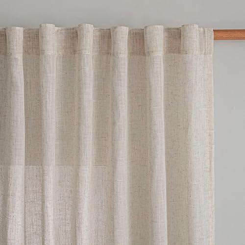 MYSKY HOME 95 Inches Long Curtains for Living Room, Semi Sheer Curtains & Drapes 2 Panels Set Natural Linen Curtain Farmhouse Country Style Back Tab Draperies for Sliding Glass Door, 50" Wide