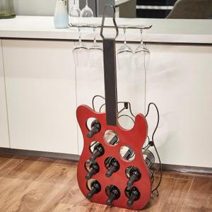 GUTE Metal and Wood Guitar Shaped 10 Bottle Rack - Vintage Decorative Holder Freestanding Display, Storage Organizer - Kitchen, Home Bar - Rock N Roll Lover, Electric Guitarist Music Gift