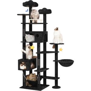 85inch Tall Cat Tree for Indoor Cats Large Adult, Multi-Level Cloud Cat Tower with Scratching Post, Heavy Duty Cat Cat Condo with Hammocks & Plush Perches for Maine Coon, Black