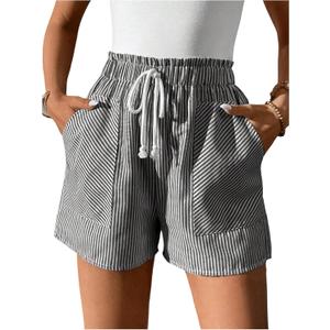 Verdusa Women's Cruise Outfits 2026 Striped Shorts Linen Clothes Summer Drawstring Waist Striped Straight Leg Shorts (Black and White), Large
