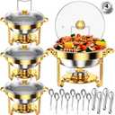 Round Chafing Dishes for Buffet 5 Qt, High Grade Chafing Dish Buffet Set with Glass Lid & Lid Holder, Full Size Pan, Food Warmers for Parties, Buffet, Wedding, Birthday 4 Pack (Gold)