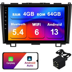 4+64G Android 13 Double Din Car Stereo for Honda CR-V 2007-2011 with 9 Inch Touchscreen Radio Built-in Wireless Carplay/Android Auto/GPS/Bluetooth/FM/AUX-in/Steering Wheel Controls/Backup Camera